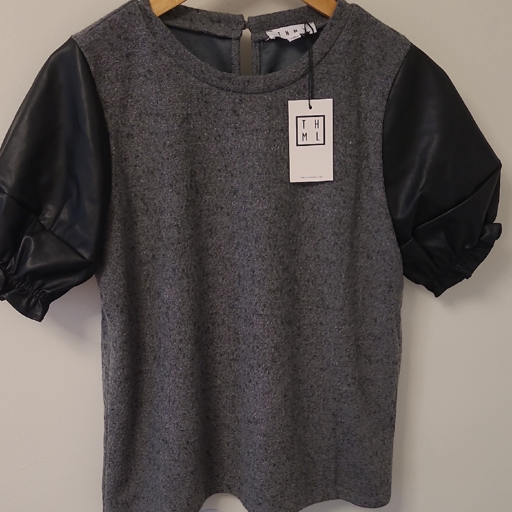THML Charcoal and Black Puff Sleeve Blouse Size M